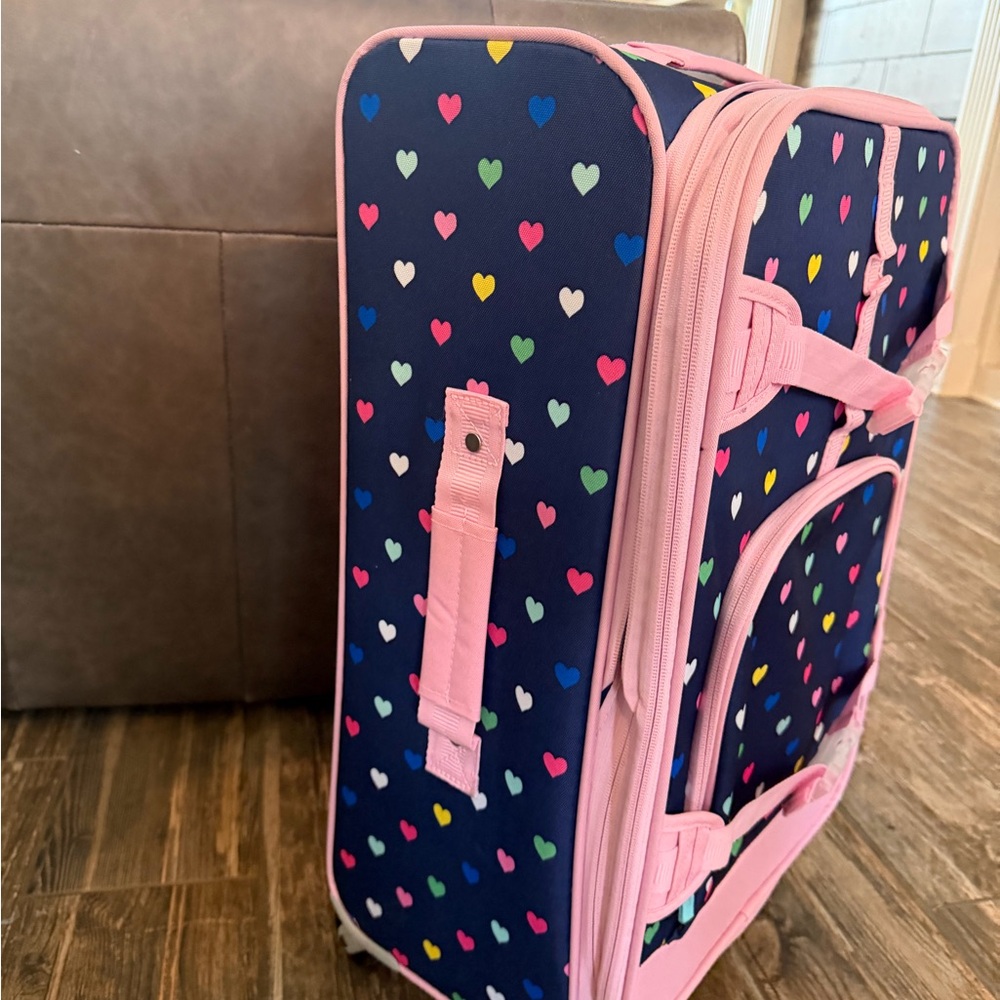 Pottery Barn Kids Navy Heart Print Rolling Suitcase with Pink Trim